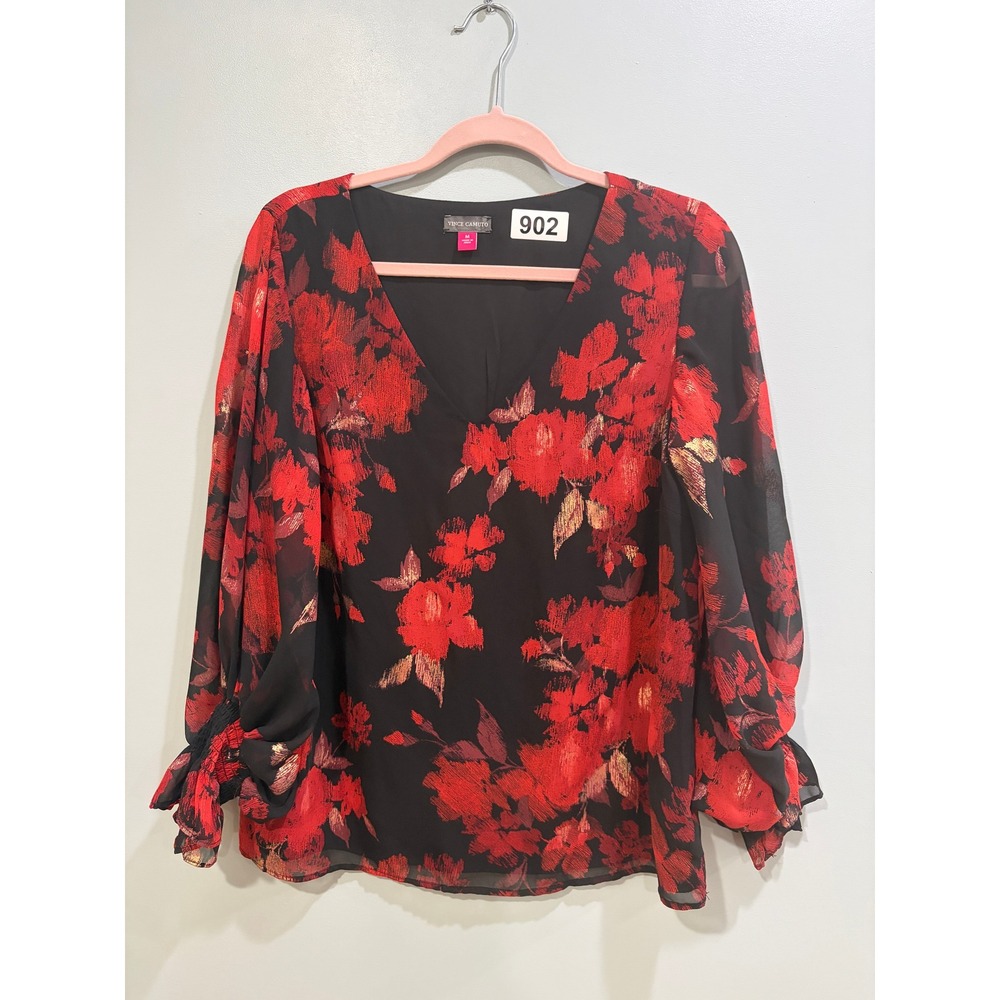 Vince Camuto Red Black Floral Metallic V-Neck Blouse Smocked Ruffle Cuff Medium